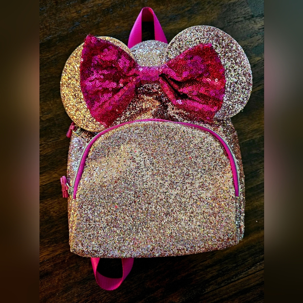 Sparkly Pink and Gold Kids Minnie Mouse Backpack
